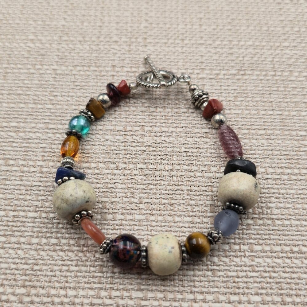 8 Inch Sterling Silver Jasper Tiger's Eye And Glass Bracelet B894